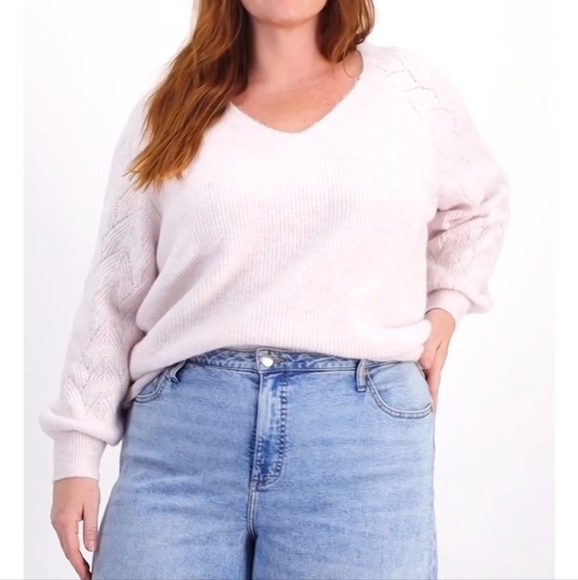 MACY'S ON 34TH WOMEN'S PLUS SIZE V-NECK POINTELLE KNIT SWEATER NWT MOCHA 2X - Picture 1 of 12